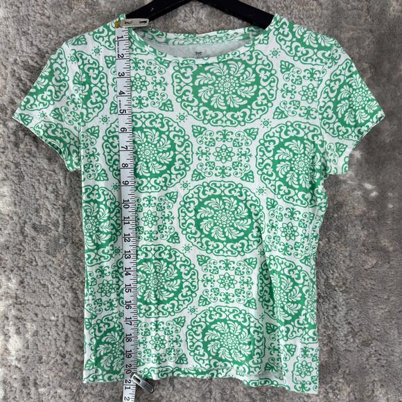 Talbots Petite Sz P Pima Cotton Geometric Top Green Short Sleeve Pullover Casual - Picture 2 of 7